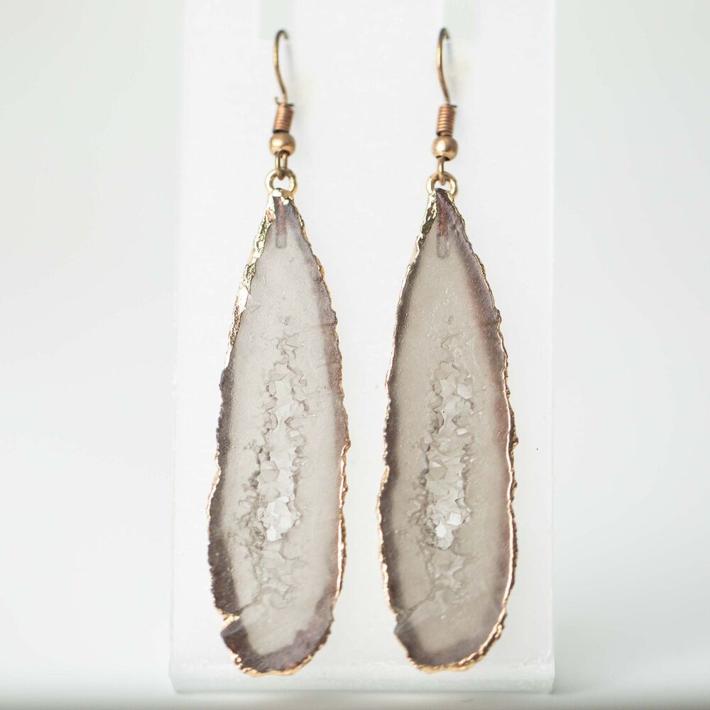 Natural Agate Druzy Slice Dangle Earrings Gray White Gold Tone Boho Statement